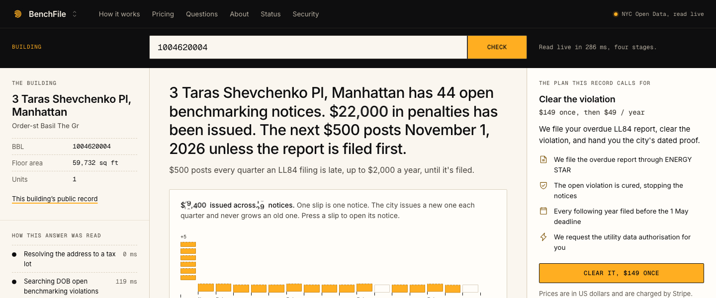 BenchFile, The main console: 3 Taras Shevchenko Pl, Manhattan has open benchmarking notices. in penalties has been issued. The next $500 posts Novemb