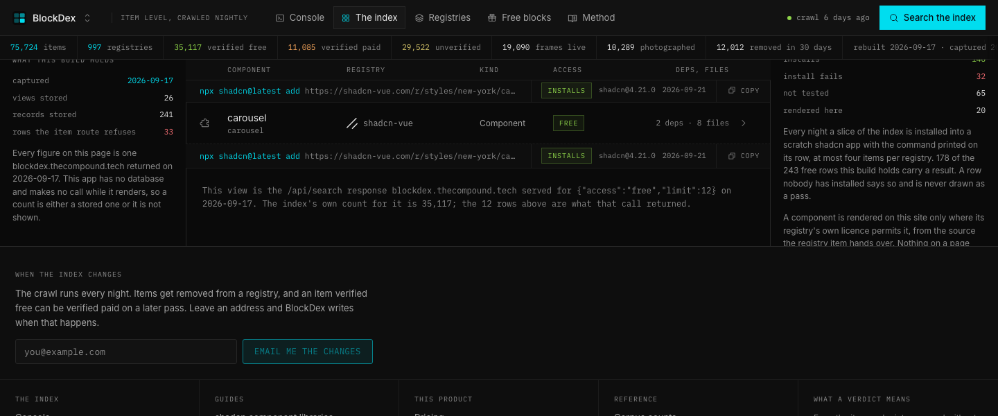 BlockDex, Free 35,117: This view is the /api/search response blockdex.thecompound.tech served for {"access":"free","limit":12} on 2026-09-17. T