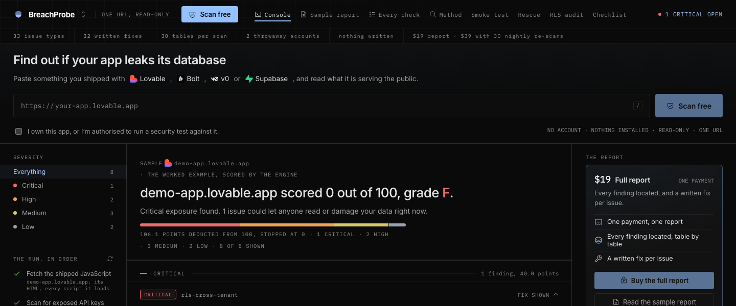 BreachProbe, The main console: SAMPLE demo-app.lovable.app · THE WORKED EXAMPLE, SCORED BY THE ENGINE demo-app.lovable.app scored out of 100, grade F.