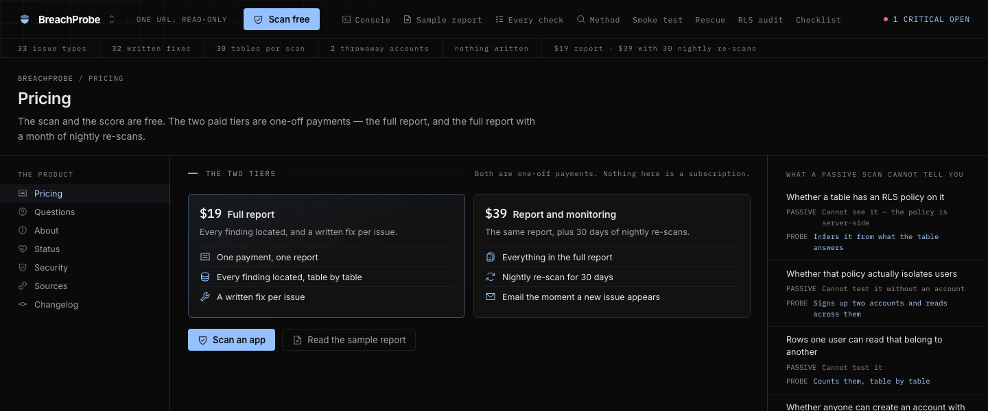 BreachProbe, Pricing: BREACHPROBE / PRICING Pricing The scan and the score are free. The two paid tiers are one-off payments, the full report