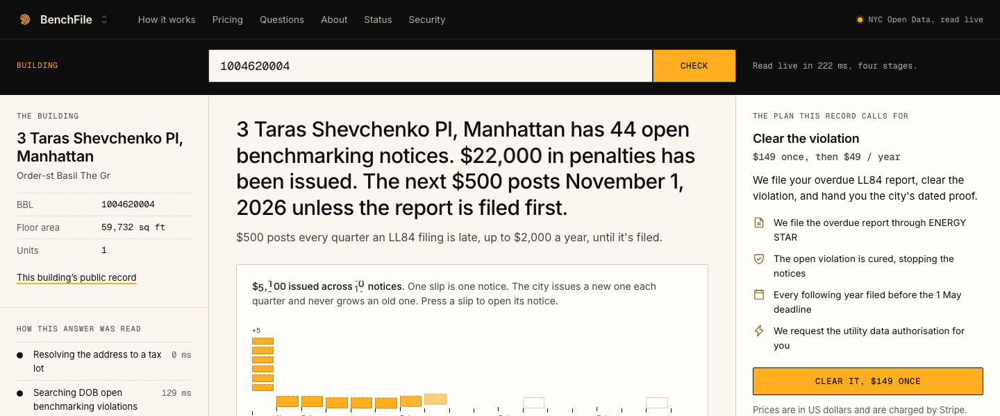 BenchFile, The main console: 3 Taras Shevchenko Pl, Manhattan has open benchmarking notices. in penalties has been issued. The next $500 posts Novemb