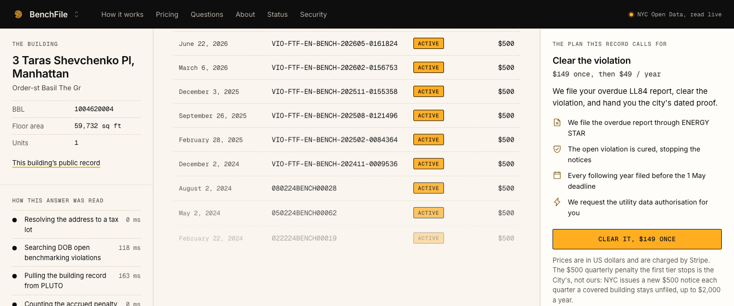 BenchFile, The main console: WHERE IT IS PAID DOB NOW → DOB NOW Safety → Violations & Notices of Deficiency → Violations Payments → Benchmarking, LL