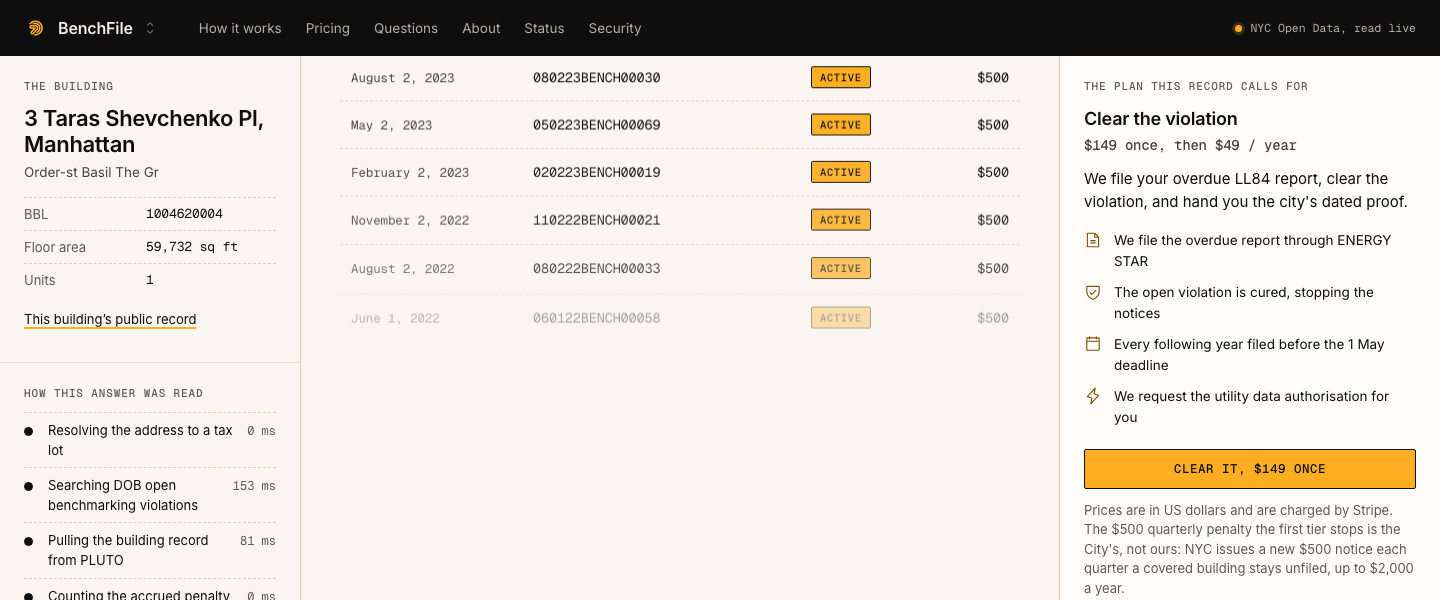 BenchFile, The main console: DOB NOW → DOB NOW Safety → Violations & Notices of Deficiency → Violations Payments → Benchmarking, LL84. eCheck, credi