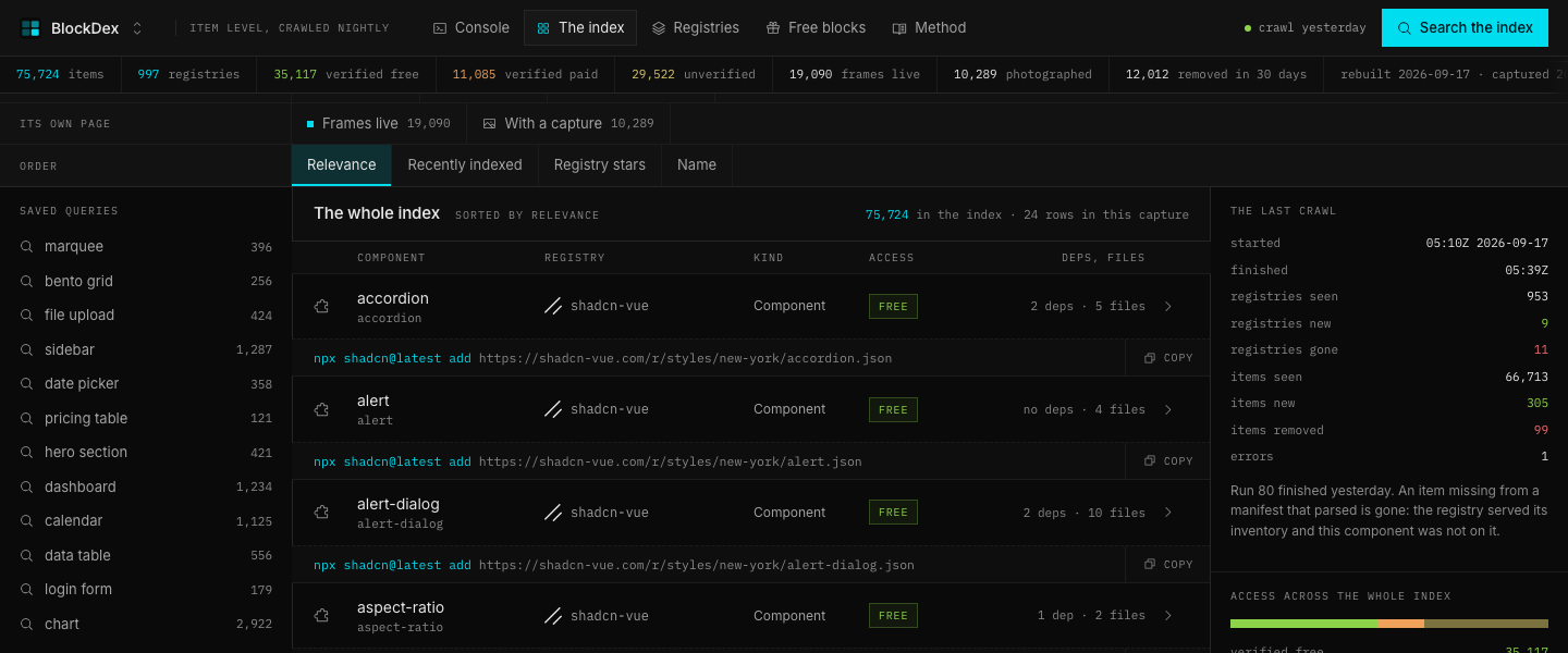 BlockDex, The index: accordion accordion shadcn-vue Component FREE 2 deps · 5 files npx shadcn@latest add https://shadcn-vue.com/r/styles/new