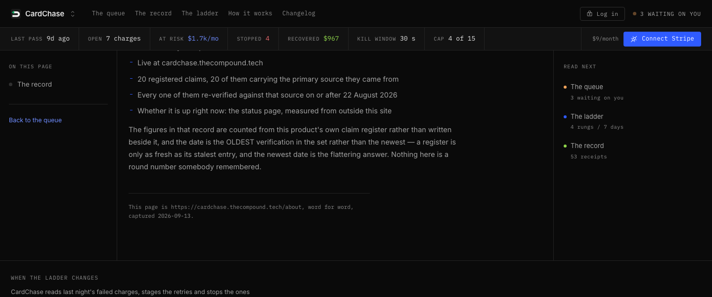 CardChase, About: The figures in that record are counted from this product's own claim register rather than written beside it, and the dat