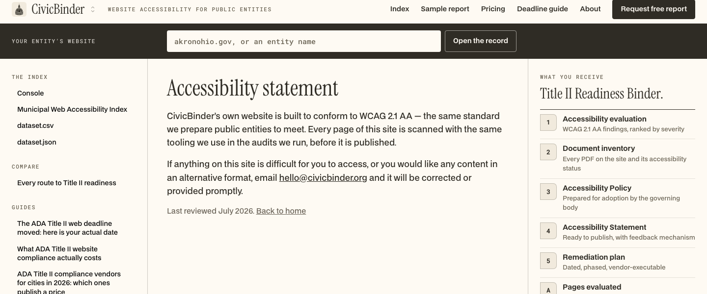 CivicBinder, Accessibility statement: Accessibility statement CivicBinder’s own website is built to conform to WCAG 2.1 AA, the same standard we prepare publ