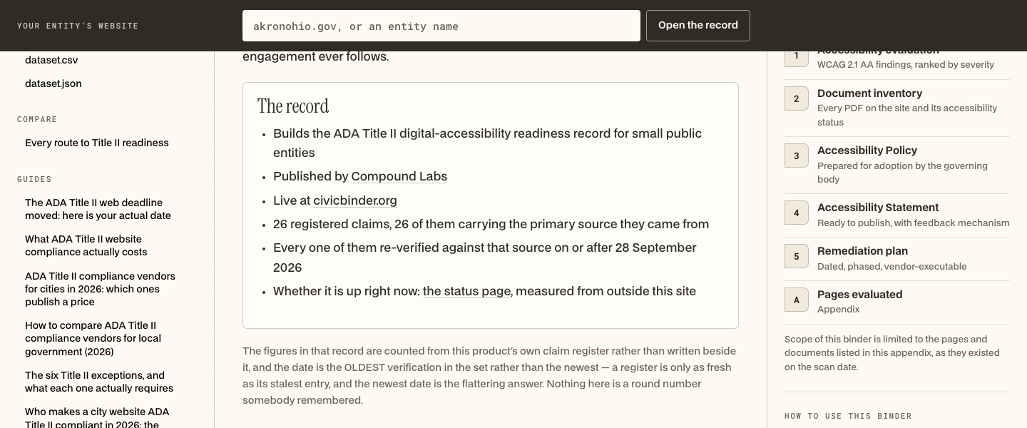 CivicBinder, About: Builds the ADA Title II digital-accessibility readiness record for small public entities Published by Compound Labs Live