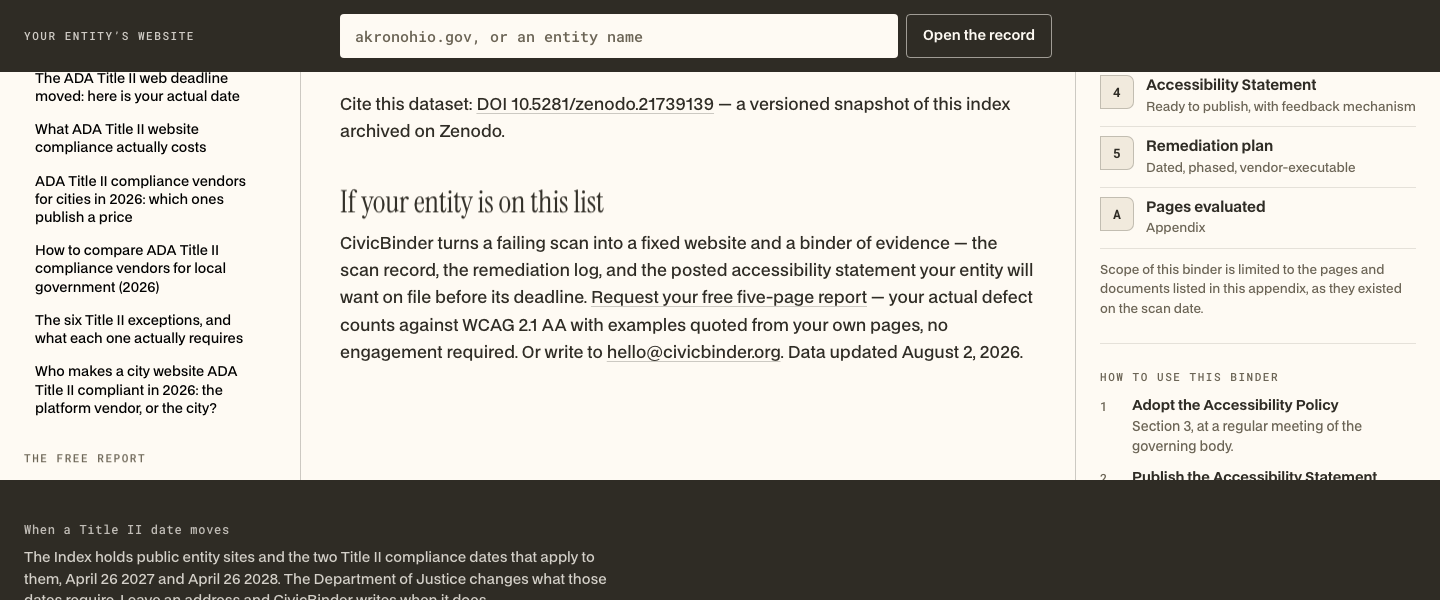 CivicBinder, Index: CivicBinder turns a failing scan into a fixed website and a binder of evidence, the scan record, the remediation log, a