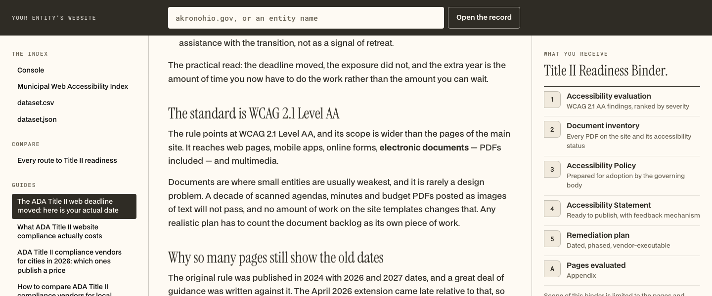CivicBinder, Deadline guide: The rule points at WCAG 2.1 Level AA, and its scope is wider than the pages of the main site. It reaches web pages, mobi