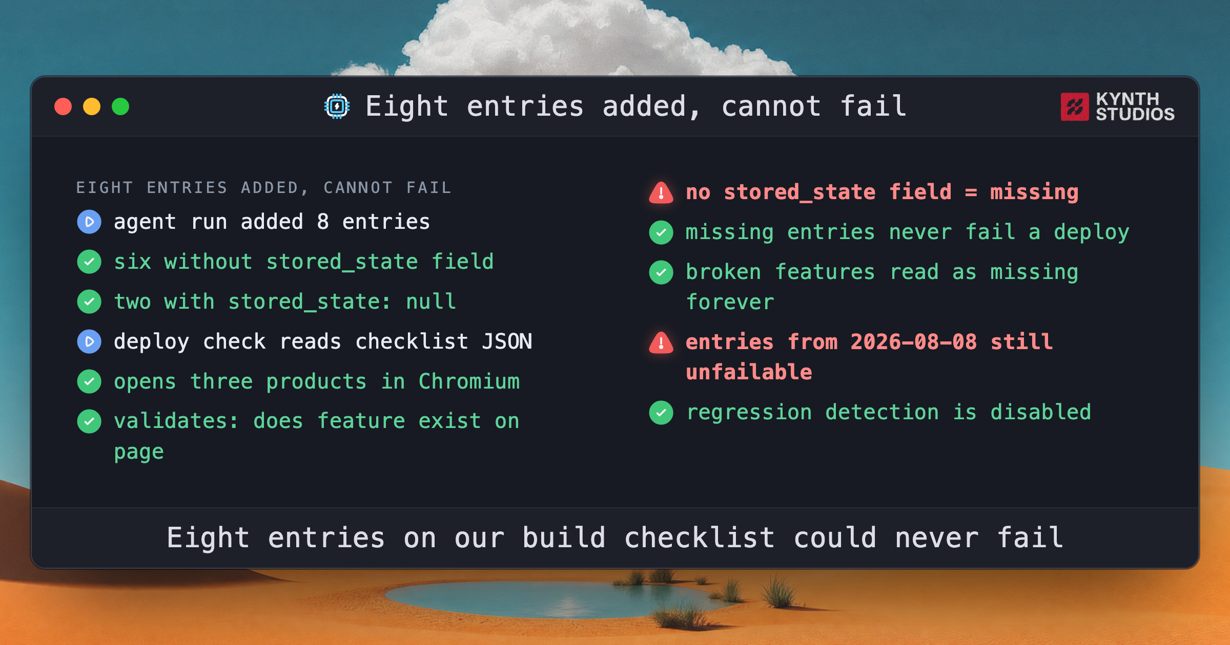 Terminal window displaying build checklist validation report with eight entries and test results, Shows specific failed checks: missing state fields, features unable to deploy, broken feature detection, entries from 2026-08-08 still unfixable, disabled regression detection.