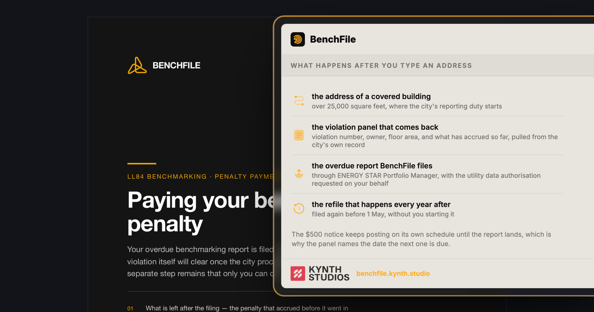 BenchFile penalty payment guidance page with numbered steps for resolving an overdue benchmarking report, Specific, actionable process (LE94 benchmarking) with numbered steps users can follow directly.