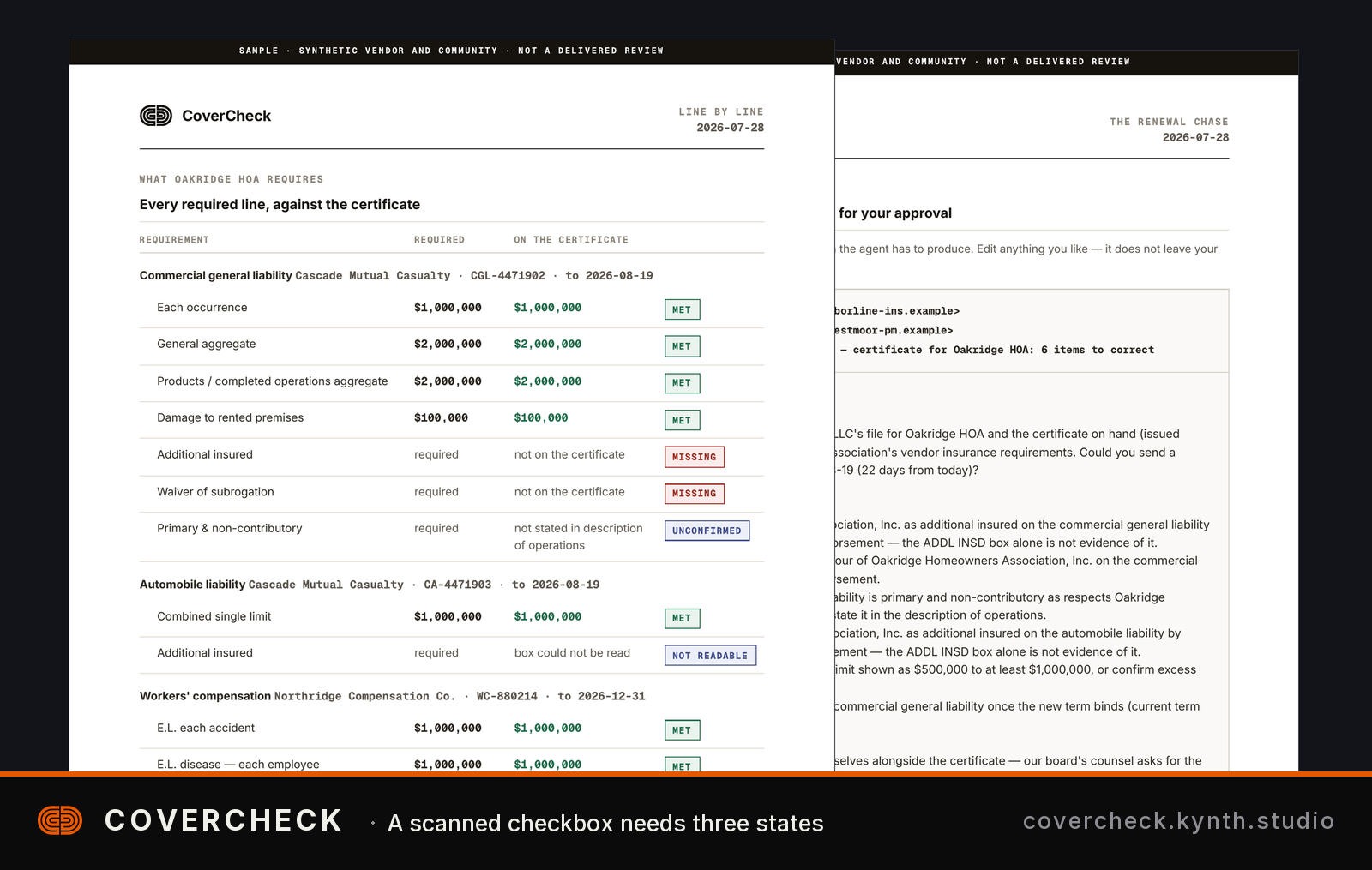 CoverCheck interface showing insurance certificate requirements and approval workflow, Insurance coverage types organized by requirement with specific approval status for each.