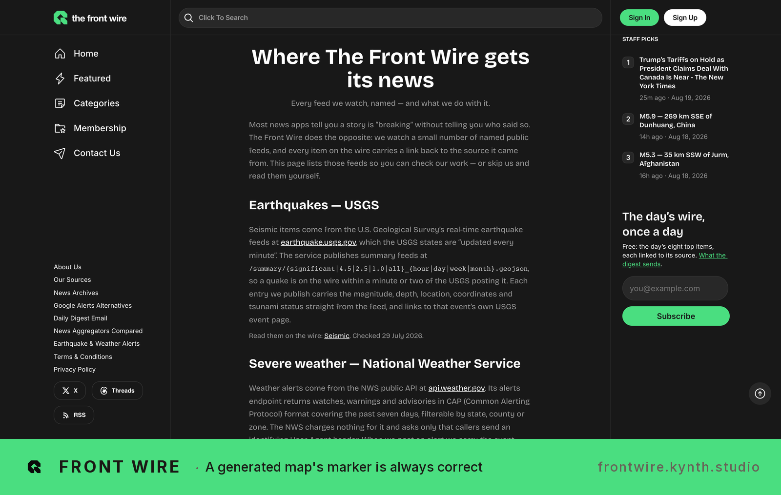 FrontWire homepage showing news sources monitored: USGS earthquakes, weather alerts, others — FrontWire aggregates feeds from authoritative sources and publishes them in curated daily briefings.