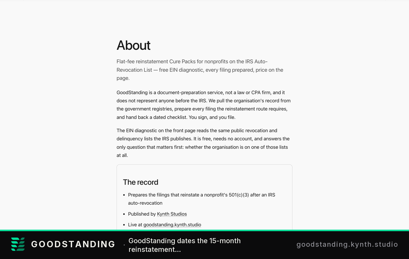 GoodStanding About page explaining document-preparation service for IRS reinstatement filings, Service prepares reinstatement filings, is published by Compound Labs, and operates at goodstanding.thecompound.tech.