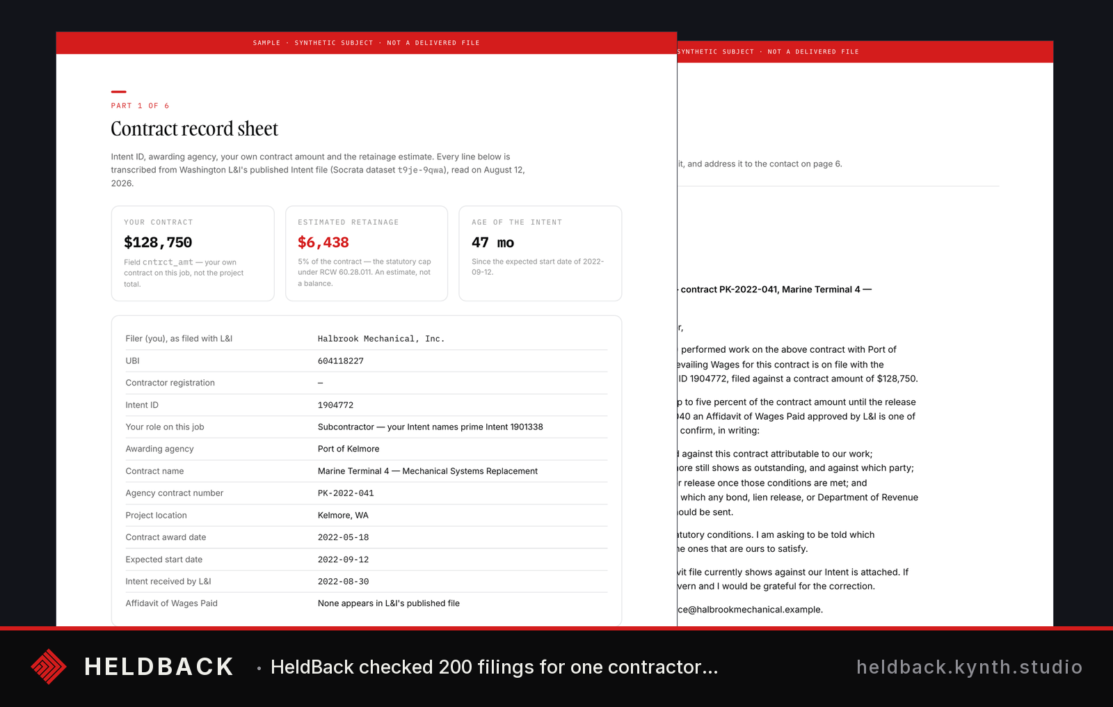 Contract record sheet with financial details, dates, and agency information, Actual contract value ($128,750), increment amount, duration (47 months), and verified regulatory details in structured form.