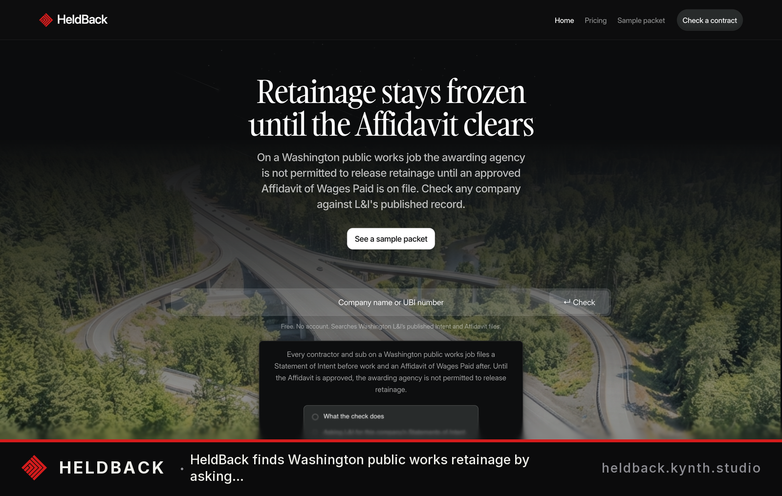 HeldBack landing page promoting retainage freeze feature against highway background, Highway background connects to construction; professional design signals enterprise-grade legal product.