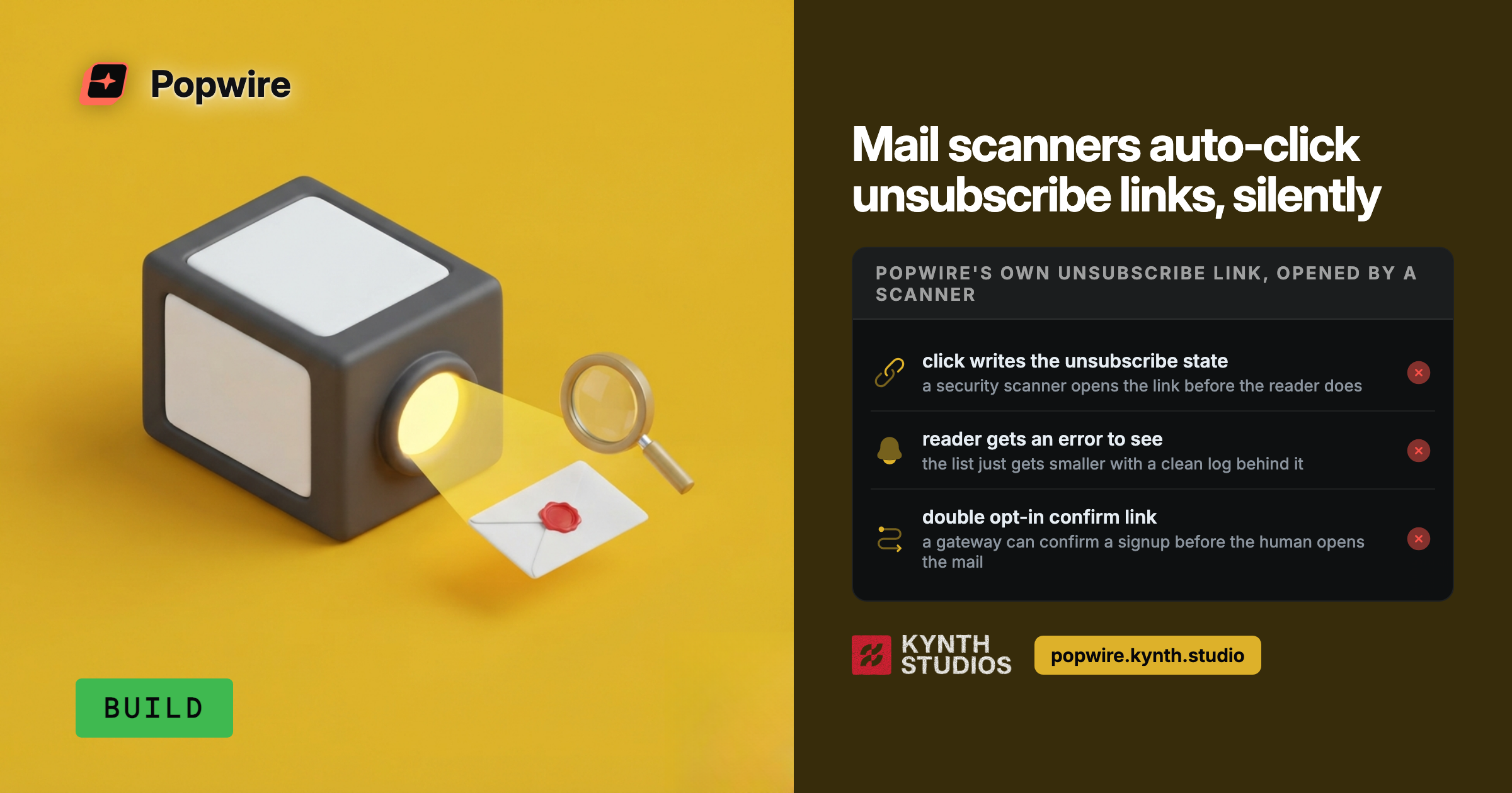 Split-screen design with mailbox illustration and headline with three bullet points explaining mail scanner behavior, Visual hierarchy and structured layout make the security problem immediately scannable and concrete.