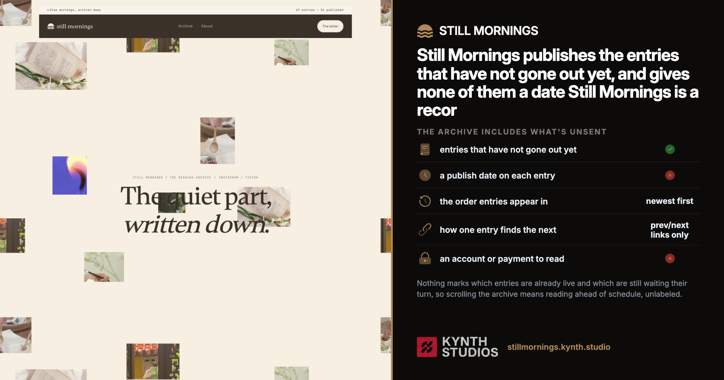 Landing page for Still Mornings website with headline and scattered lifestyle photography, The publication pairs written work with visual imagery around quiet, reflective content.