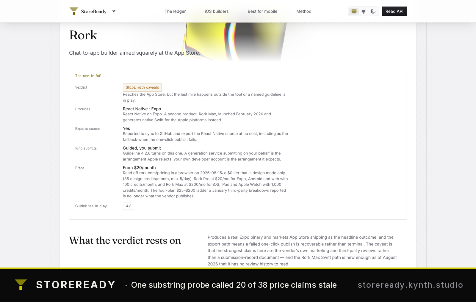 Product page for Rork, a chat-to-app builder, with features and evaluation criteria — Feature checklist and verdict criteria for evaluating an app builder tool.