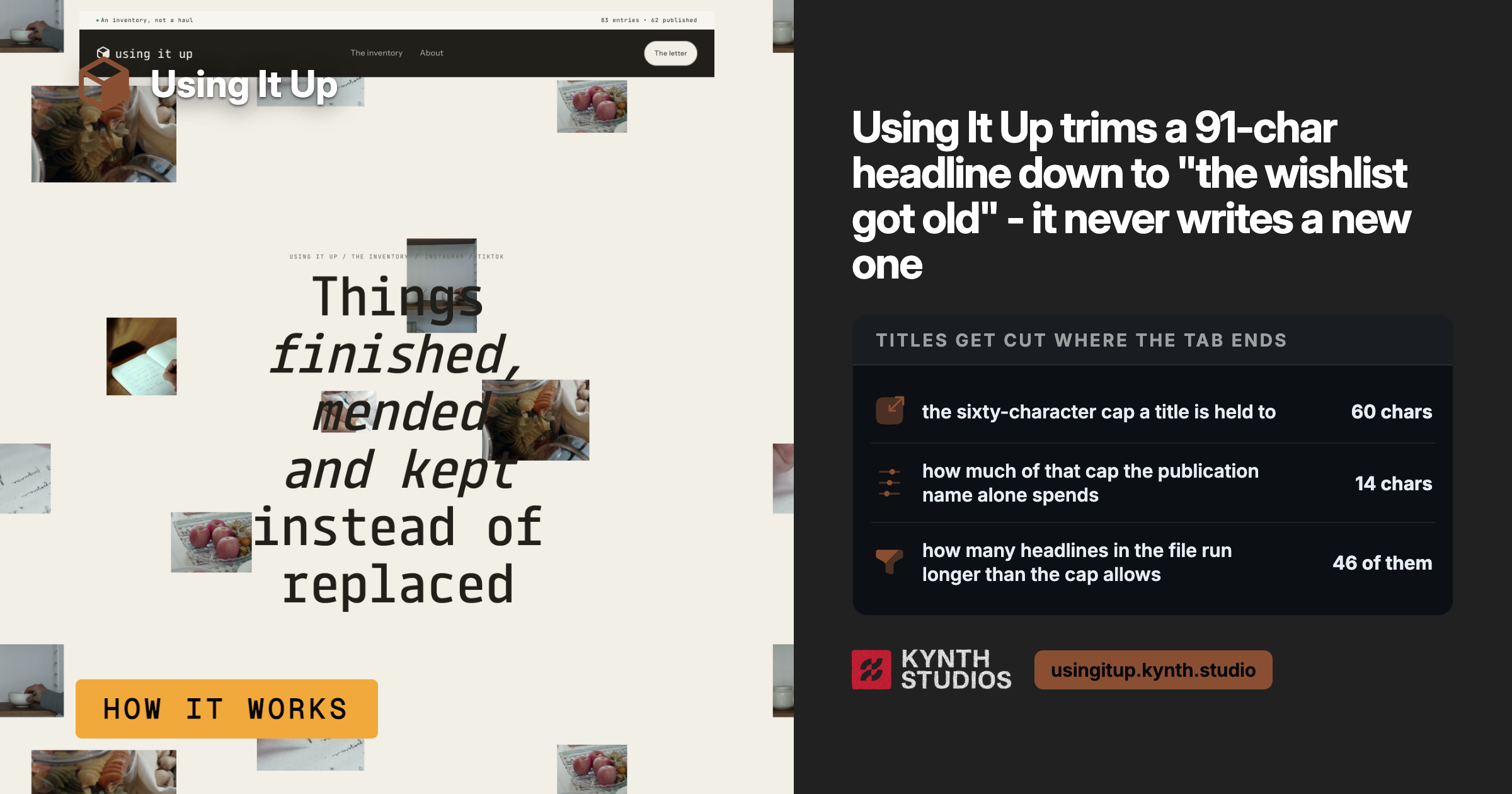 Landing page for repair/reuse brand with headline and scattered domestic object photographs, Visual identity promoting repair and reuse practices through vintage aesthetic imagery.