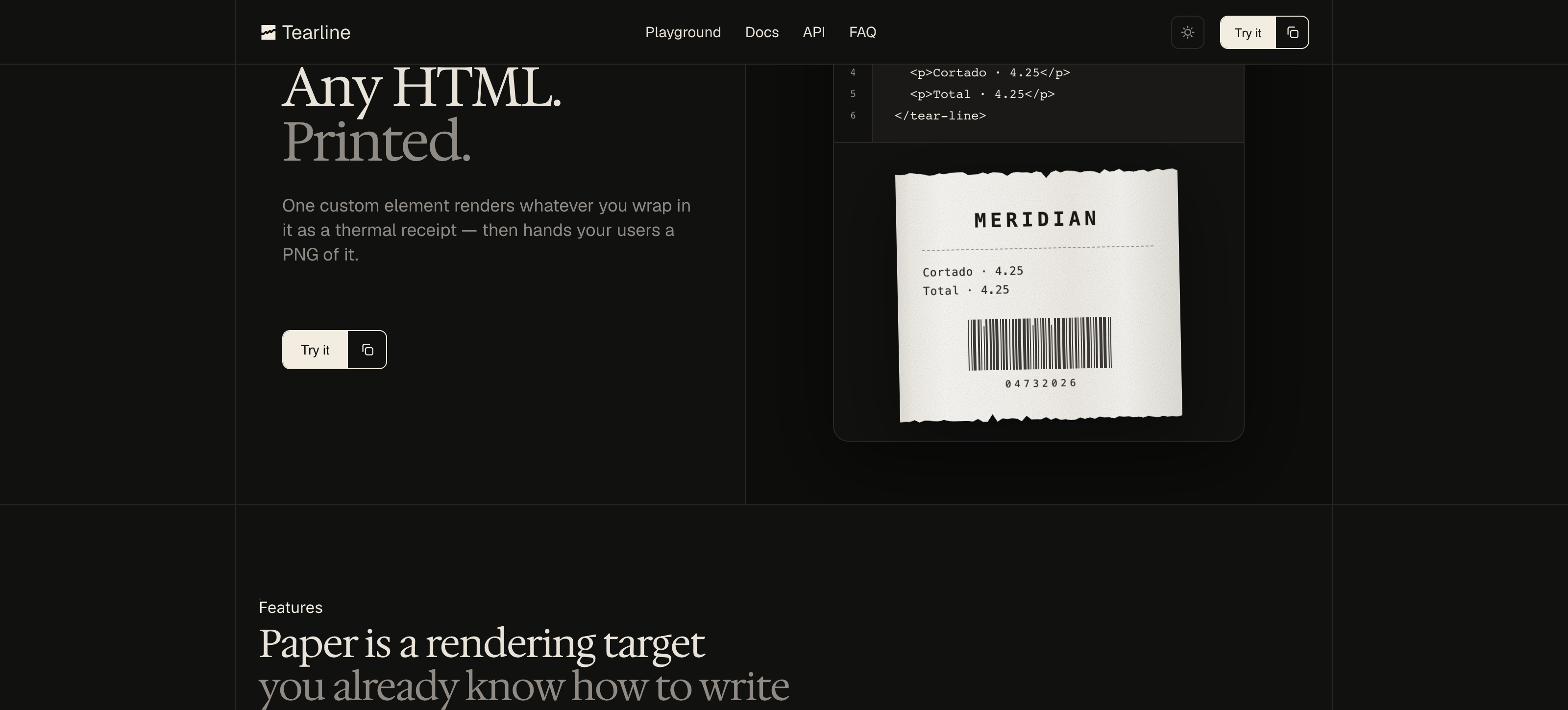 Tearline, the thermal receipt the component prints from ordinary HTML, and the PNG a user exports and posts. The deliverable is the printed output, not a document.