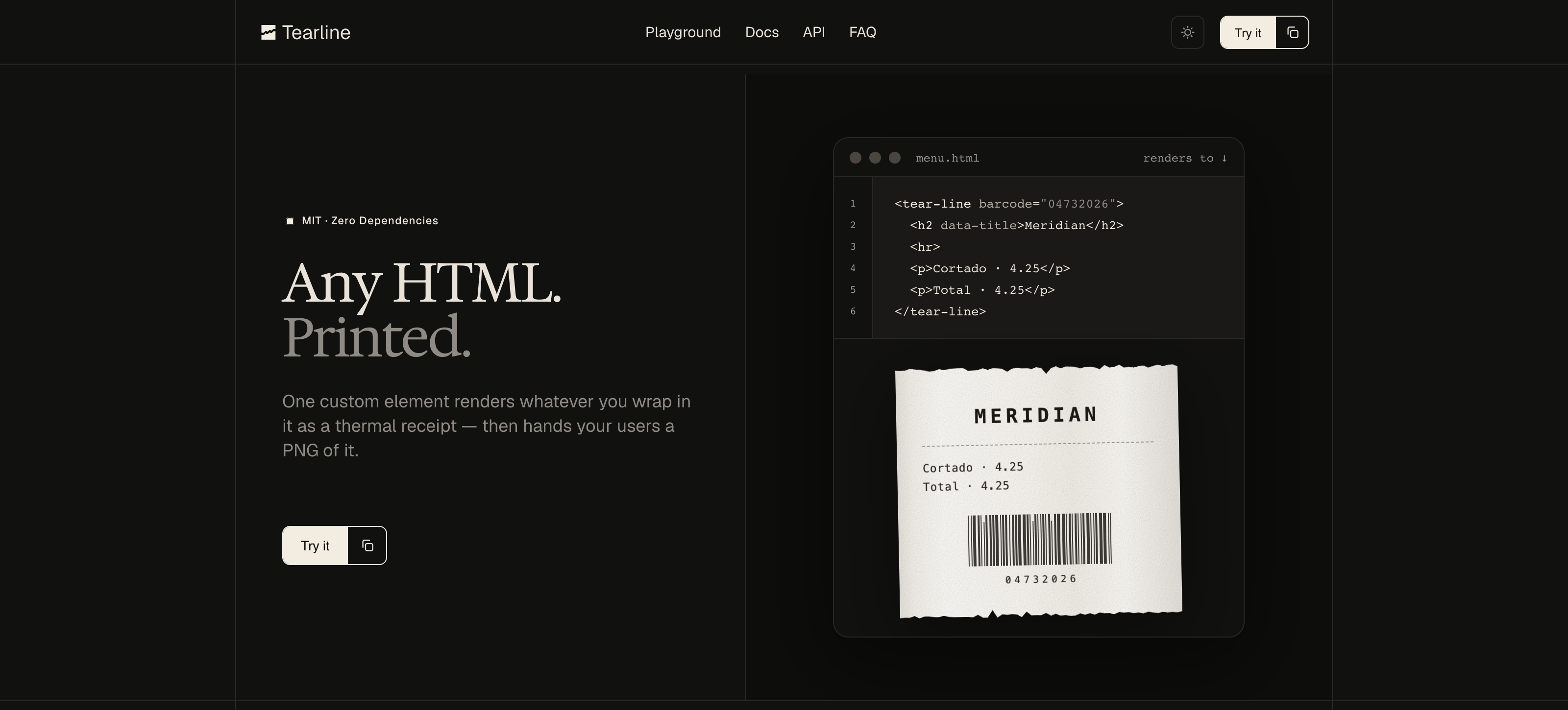 Tearline, screenshot of the landing page