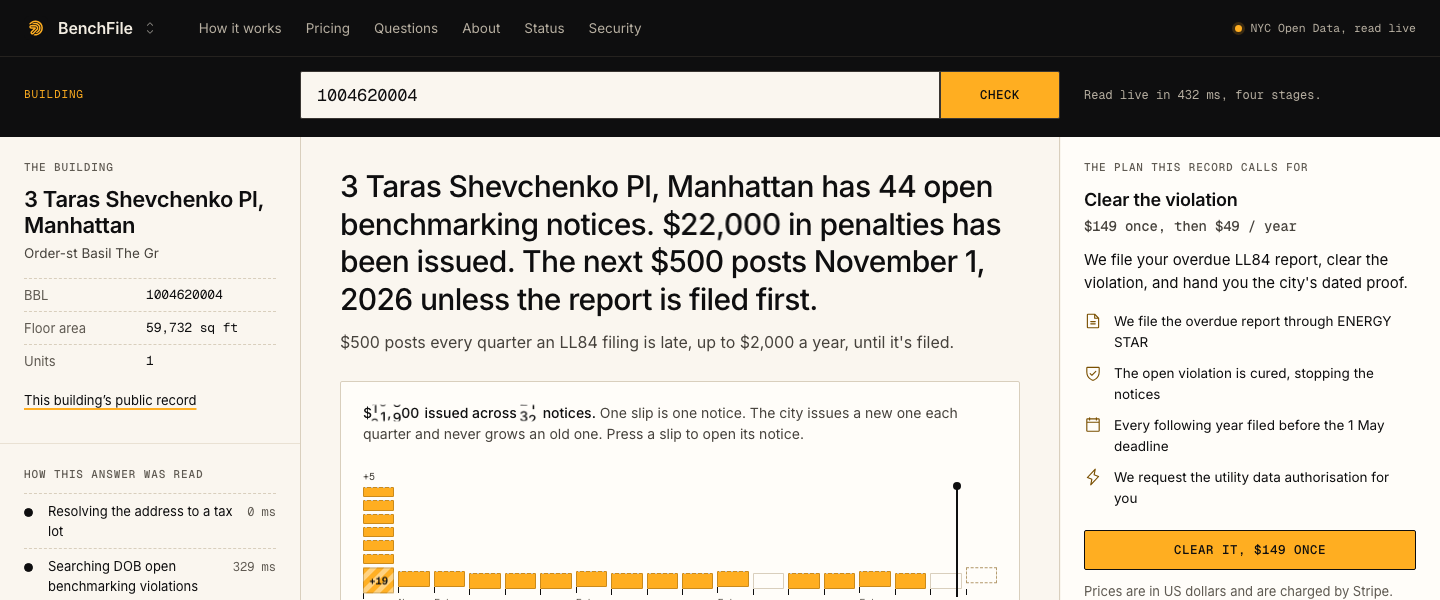 BenchFile, The main console: 3 Taras Shevchenko Pl, Manhattan has open benchmarking notices. in penalties has been issued. The next $500 posts Novemb