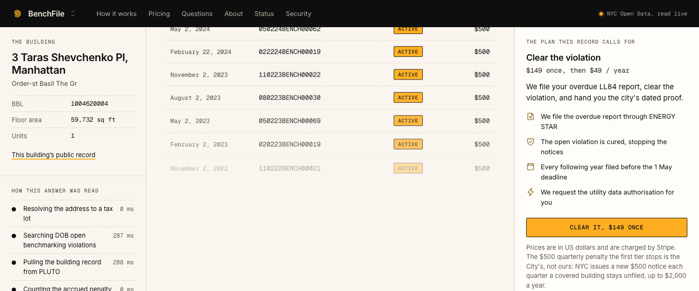 BenchFile, The main console: WHERE IT IS PAID DOB NOW → DOB NOW Safety → Violations & Notices of Deficiency → Violations Payments → Benchmarking, LL