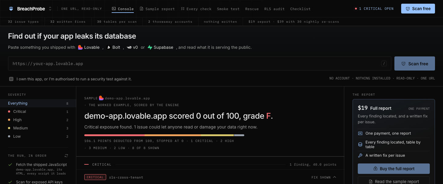BreachProbe, The main console: SAMPLE demo-app.lovable.app · THE WORKED EXAMPLE, SCORED BY THE ENGINE demo-app.lovable.app scored out of 100, grade F.