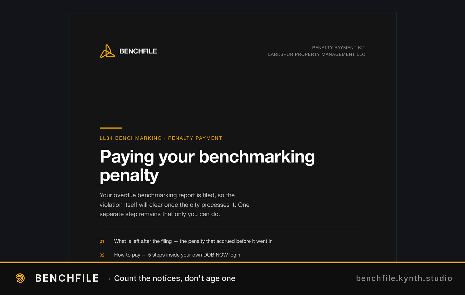 BenchFile penalty payment kit interface with multi-step guidance — Professional interface design demonstrates branded structure for compliance guidance.