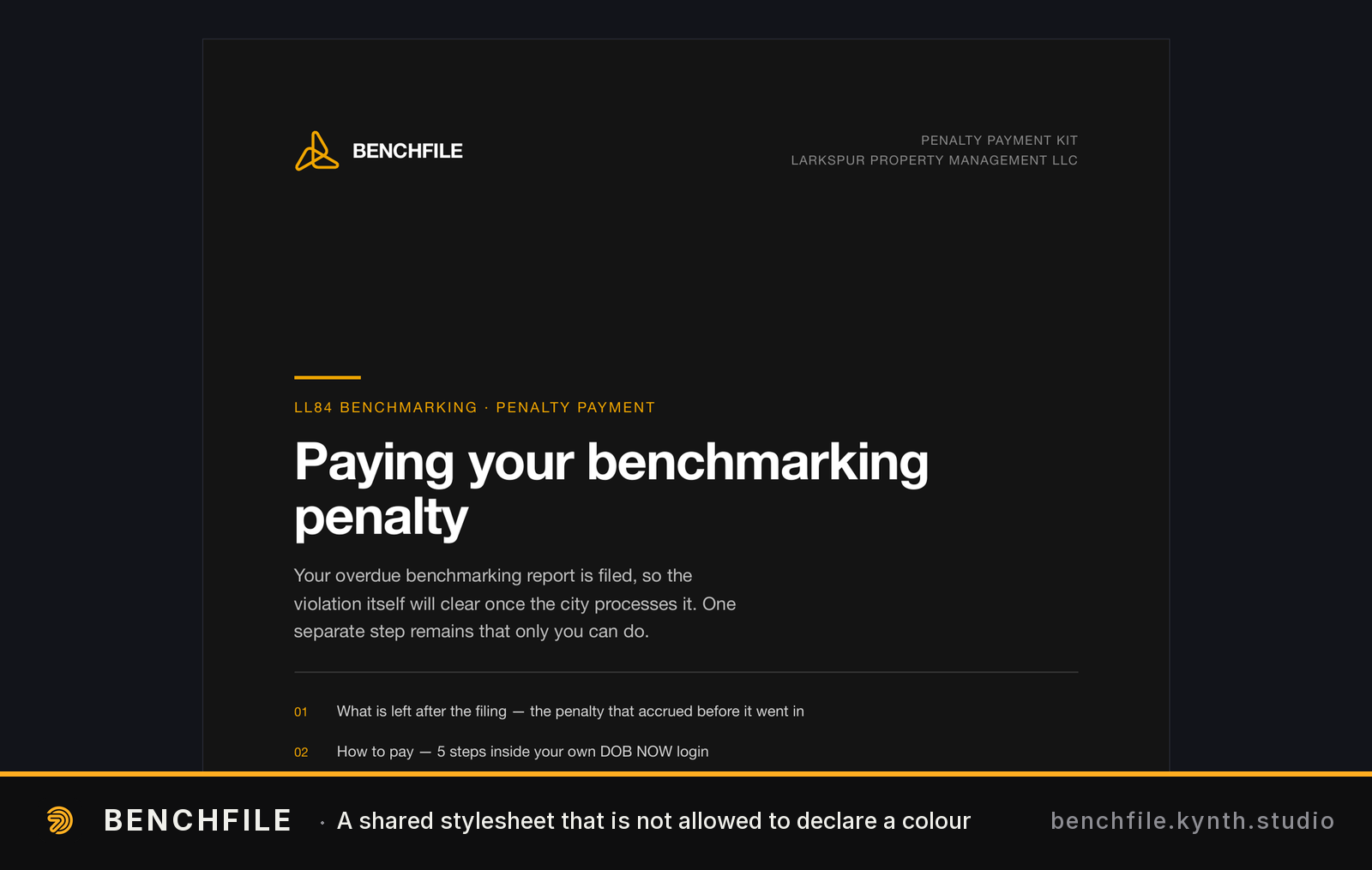 Benchfile penalty payment explanation page with numbered action steps — Penalties clear via separate city processes; users resolve through DOB NOW login.
