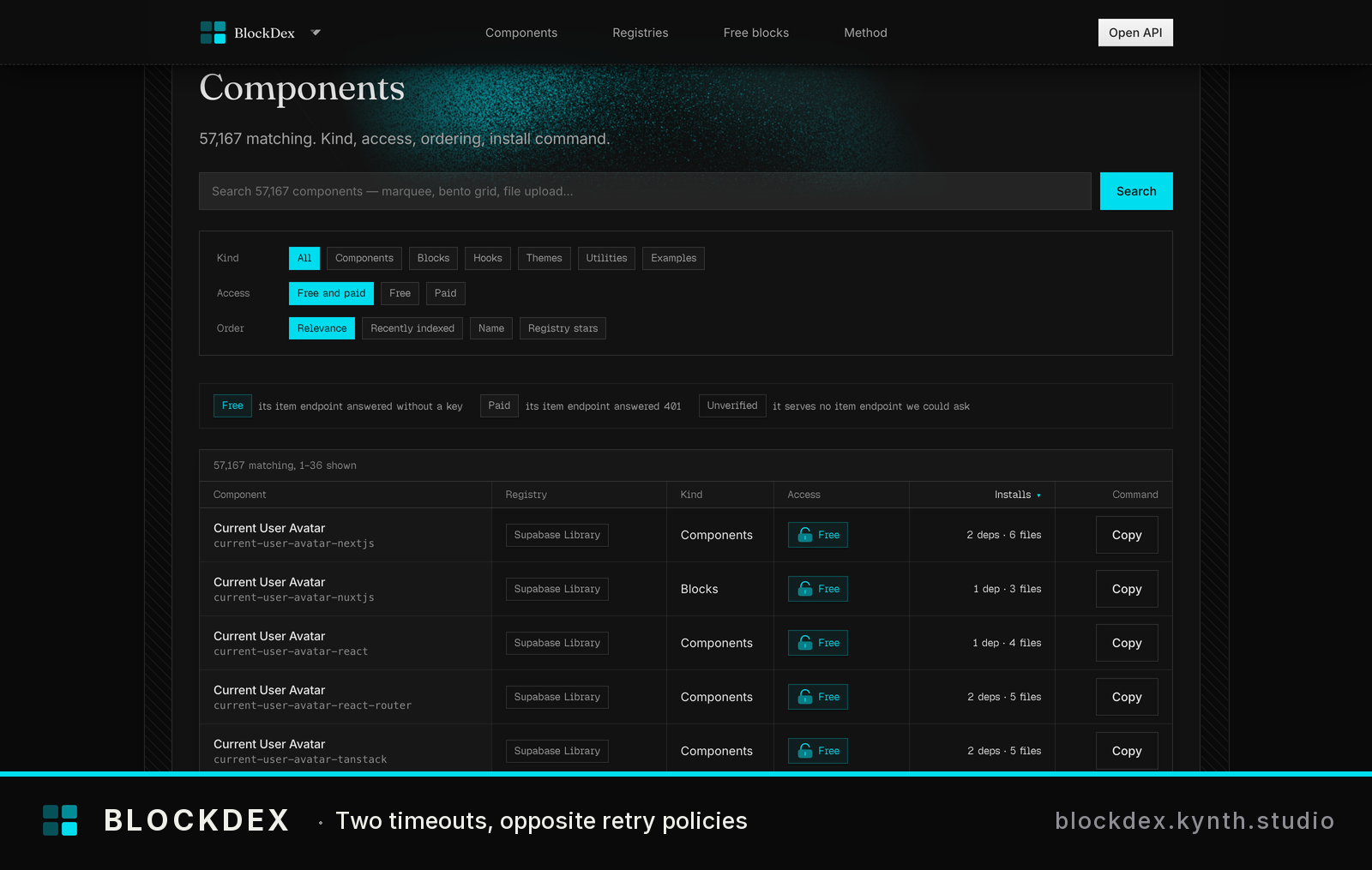 Component browser interface showing 57K+ matching items with search and filters — A populated component library with selectable items and real data.