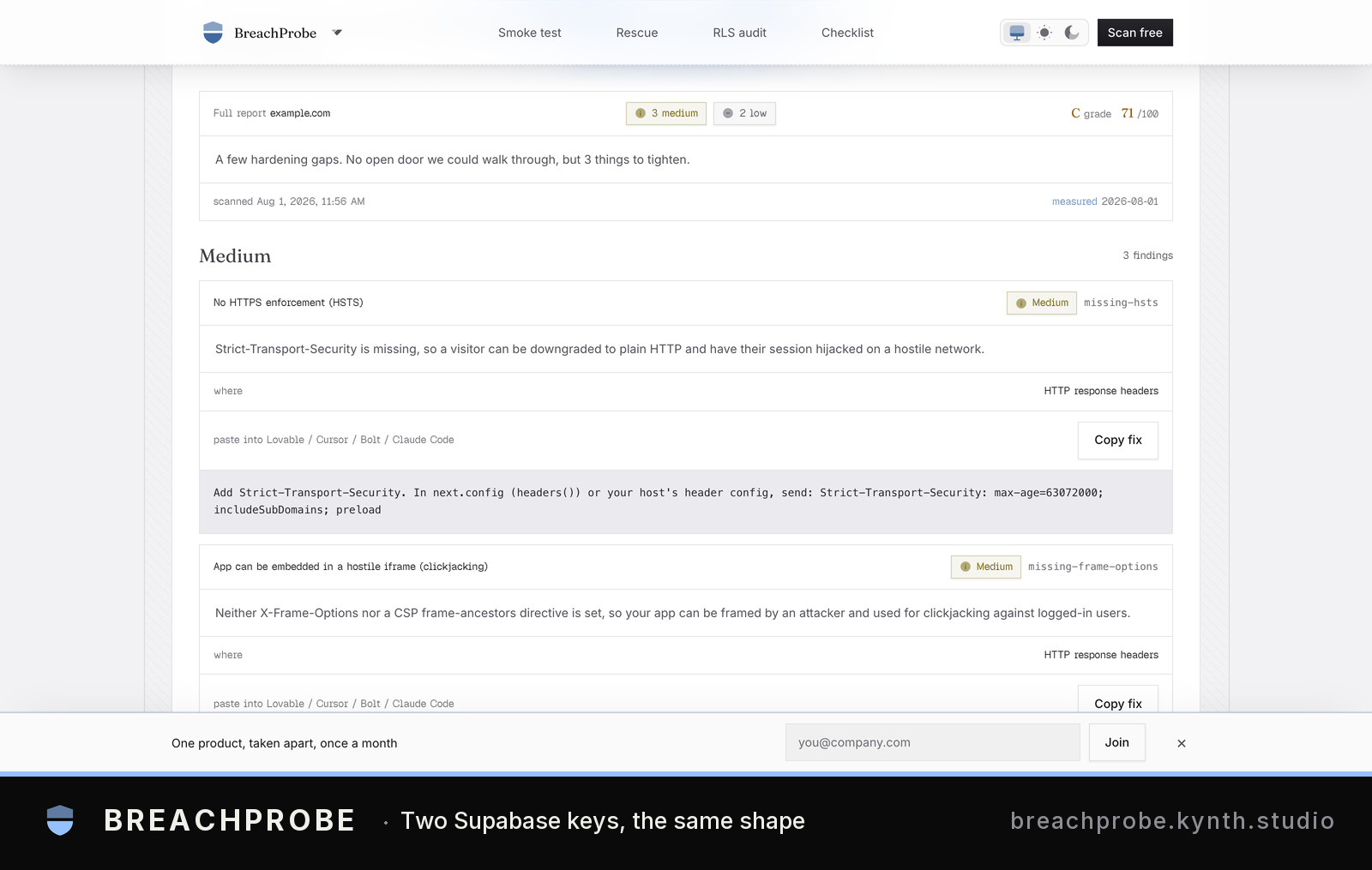 BreachProbe security audit results with Medium severity findings and remediation code, Working product interface rendering real security vulnerabilities and header fixes.