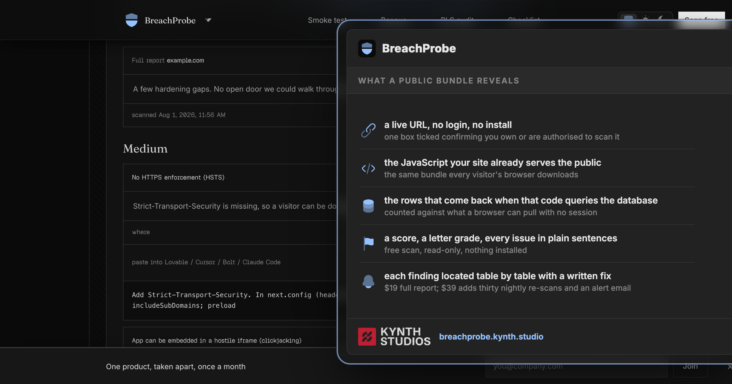 BreachProbe security audit showing a Medium severity HTTP Strict-Transport-Security header defect with code fix, A practical security vulnerability detected in real output and the tool's proposed solution code.