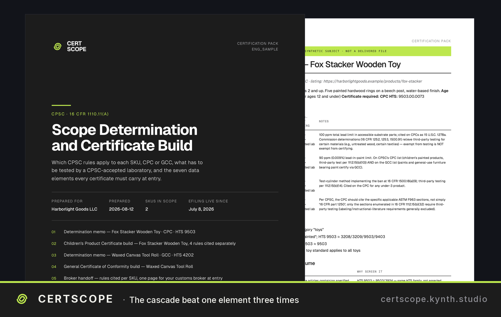 App interface (left) generating a product certification document (right) for a wooden toy — The tool transforms compliance requirements into structured, machine-readable certificates with specific product details.
