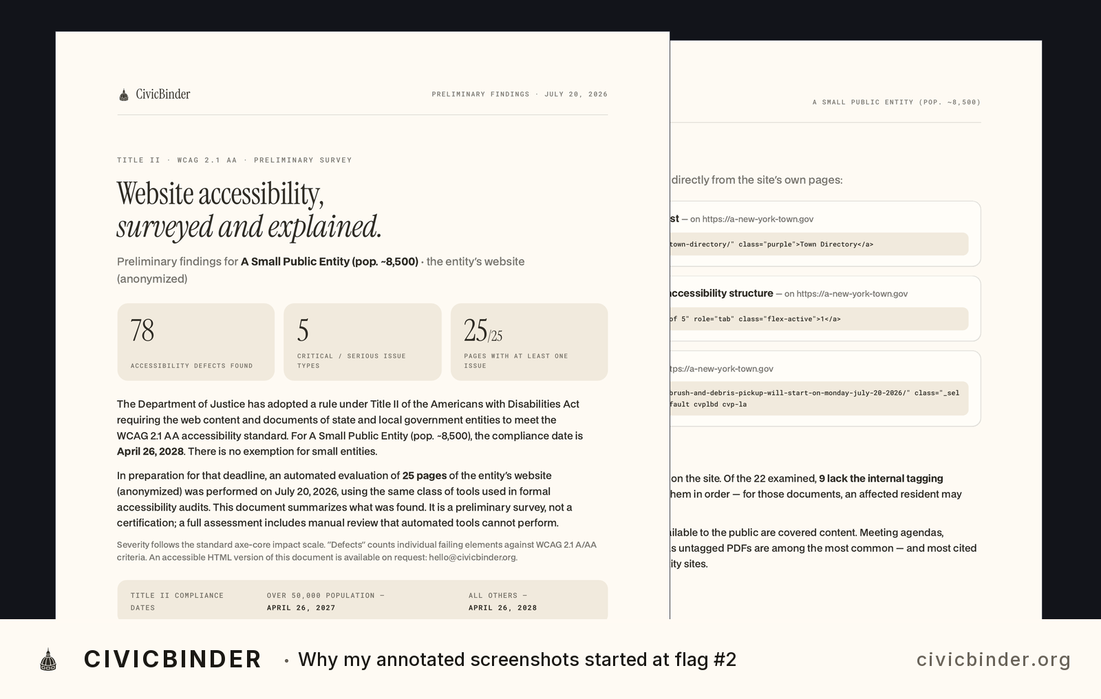 CivicBinder accessibility audit report with metrics (78 issues, 5 defects) and HTML code examples — Tool shows both quantified findings and actual HTML snippets from the analyzed website side-by-side.