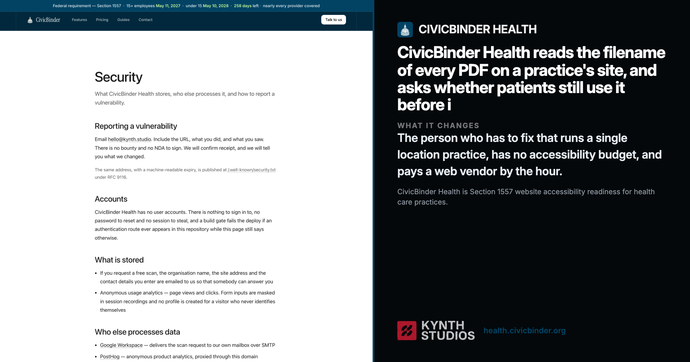 CivicBinder Health security documentation page with vulnerability reporting, accounts, and data handling practices, Company has published security procedures, no-account architecture, and transparent data processing details including vendor list.