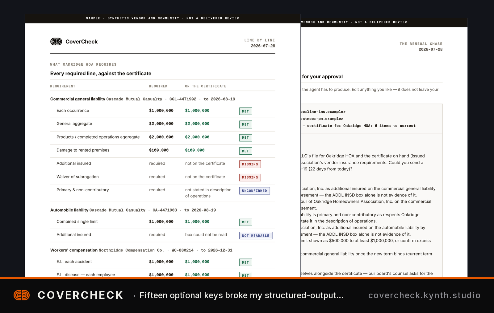 Insurance certificate verification interface with required liability coverages and amounts — Coverage types, dollar amounts, and certificate status at a glance.