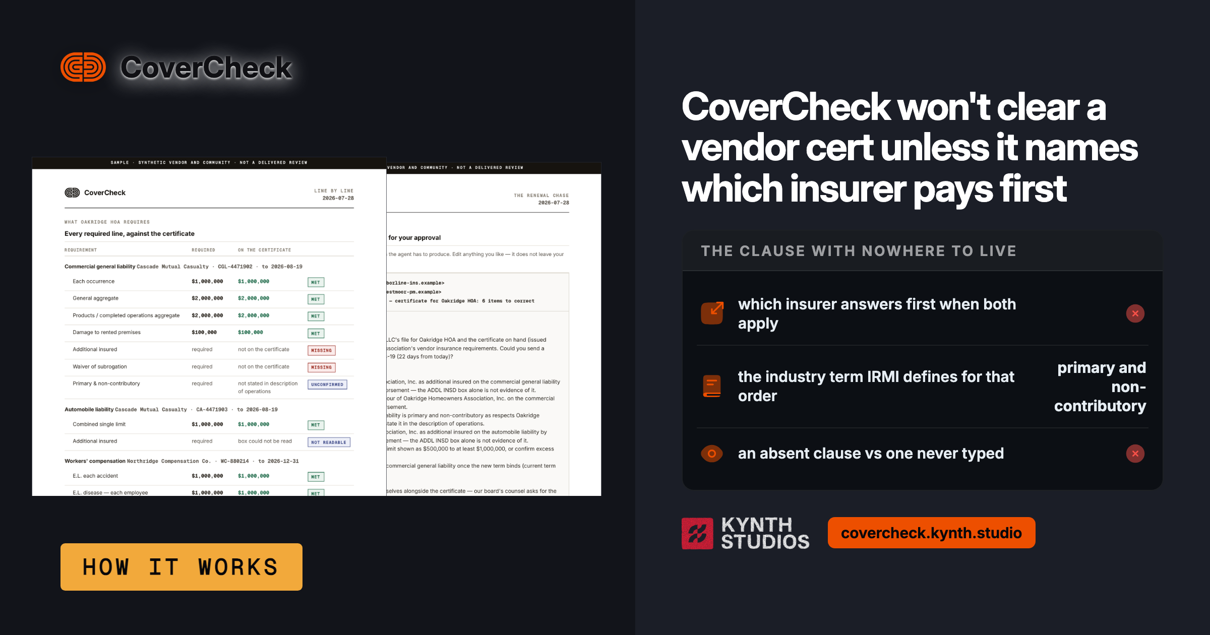 CoverCheck insurance certificate with liability details and approval messaging, Automated system generating validated insurance certificates with coverage amounts and compliance checking.