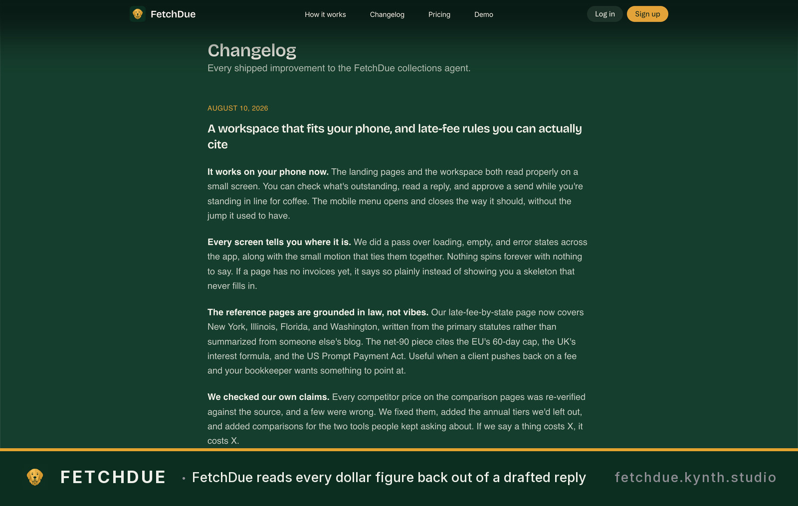 FetchDue changelog page with August 2025 product updates and features, Recent shipped improvements including workspace features, late-fee rules, and geographic coverage.