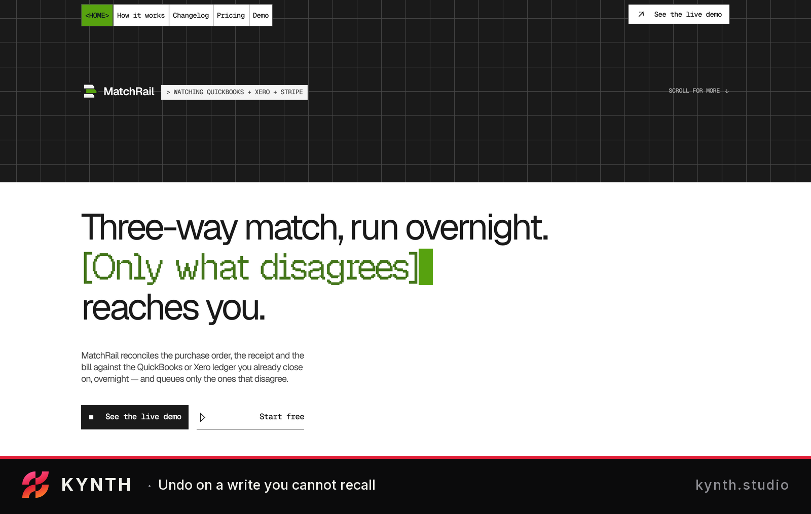 MatchRail landing page for three-way data reconciliation product — It's a professionally-designed, web-based product interface.