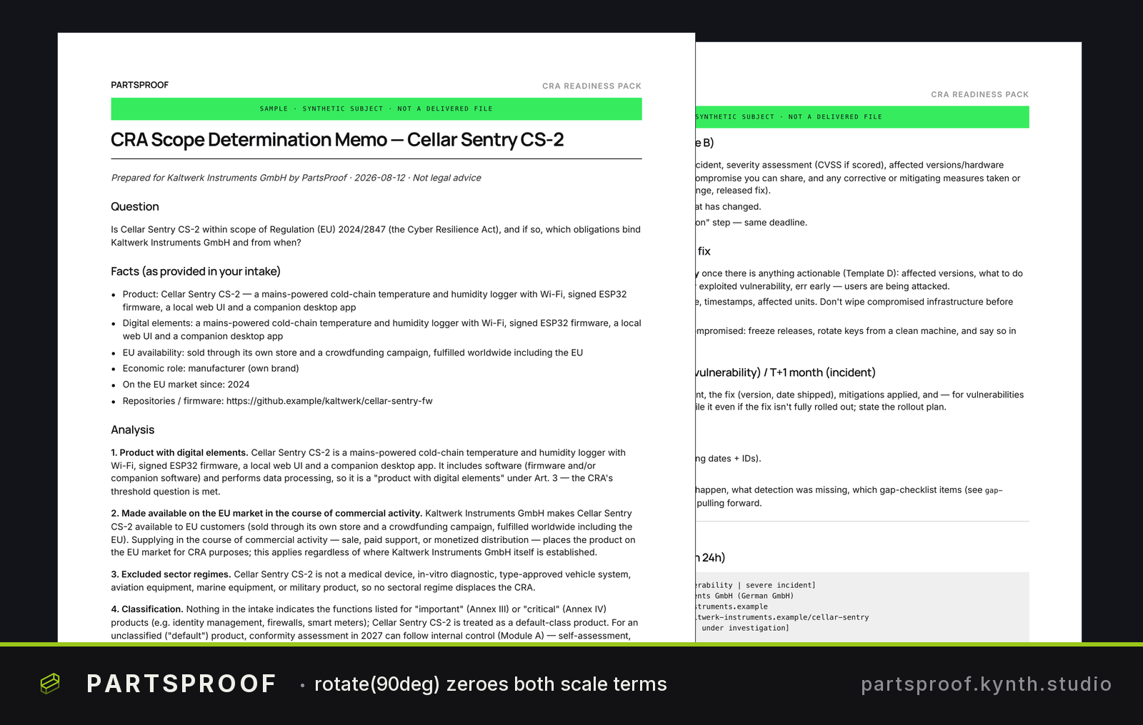Two-page CRA compliance memo for Cellar Sentry CS-2 with regulatory analysis and findings — Structured formal compliance assessment exists with detailed question, facts, analysis, and classification sections.