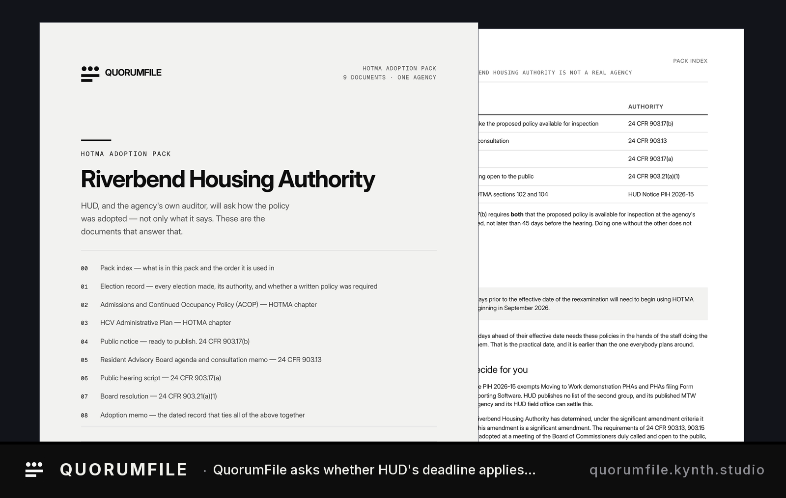 Policy document for Riverbend Housing Authority with intra adoption pack checklist and reference table, A completed document artifact with structured sections, numbered references, and policy information rather than an empty template.