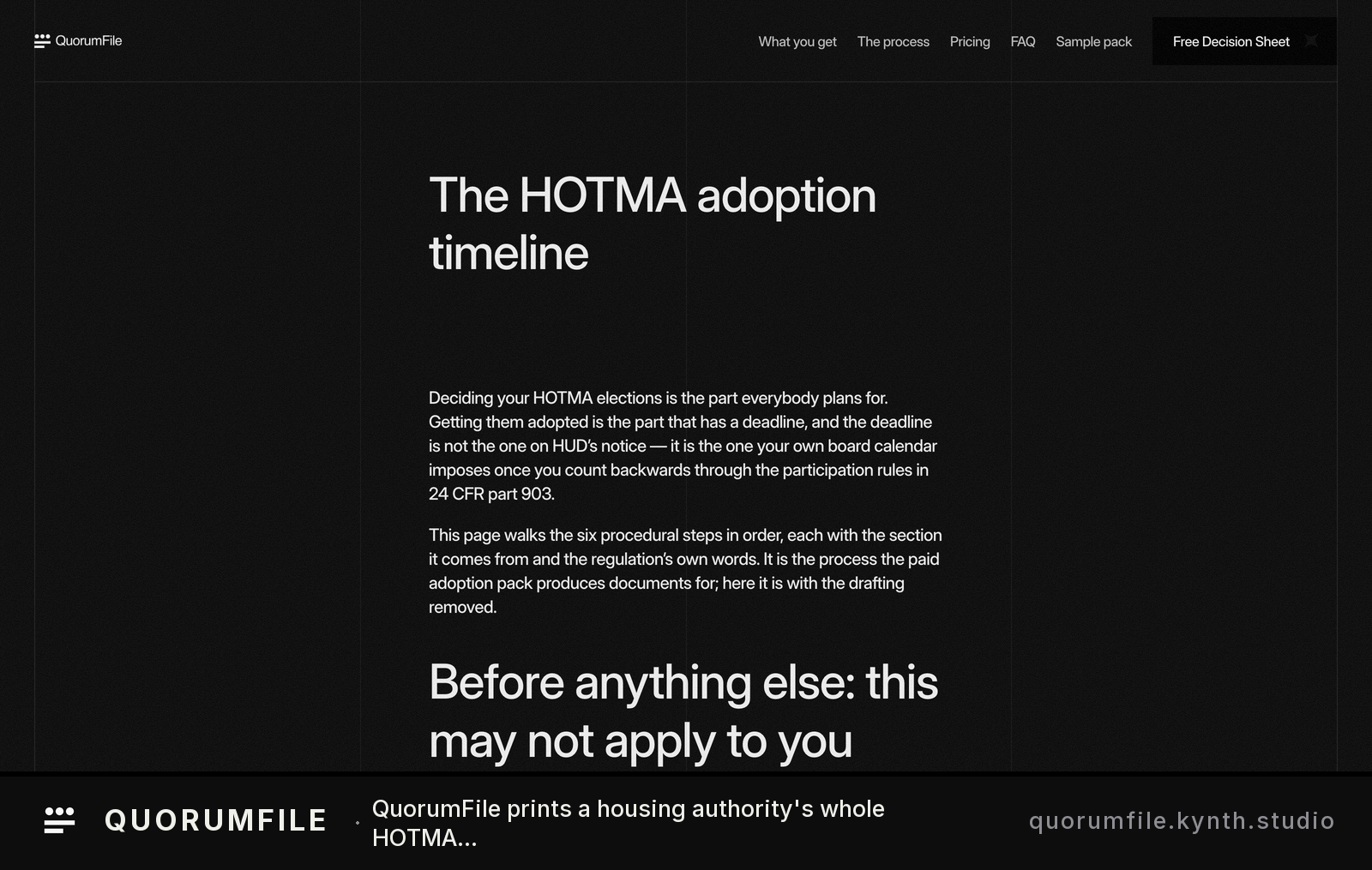 QuorumFile page explaining HOTMA adoption timeline with procedural steps and regulatory deadlines, Product provides structured educational content and guidance on complex regulatory election processes.