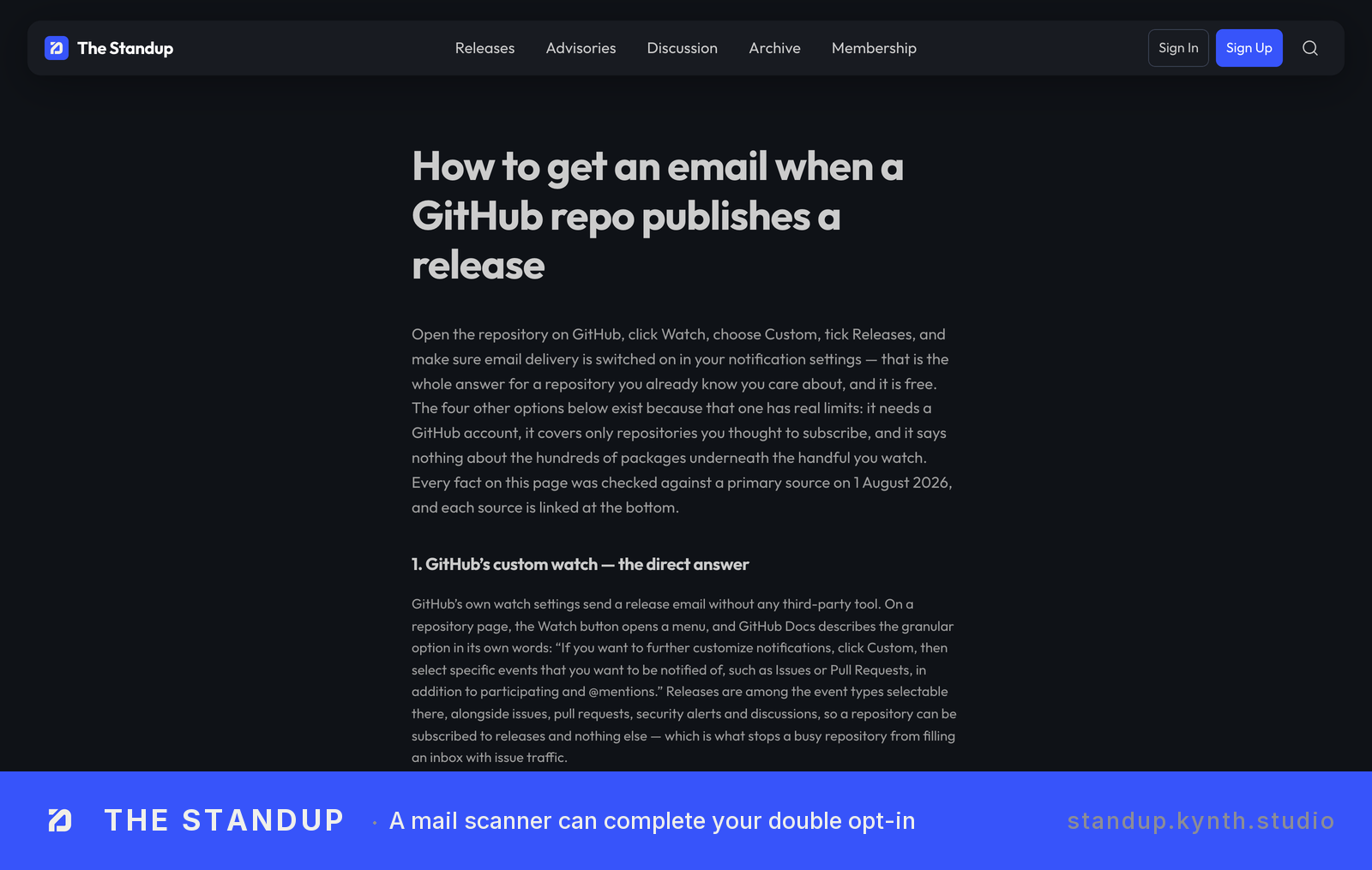 The Standup article on GitHub notification setup, showing headline and first instruction section — Professional published guide with structured numbered instructions and clear hierarchy.