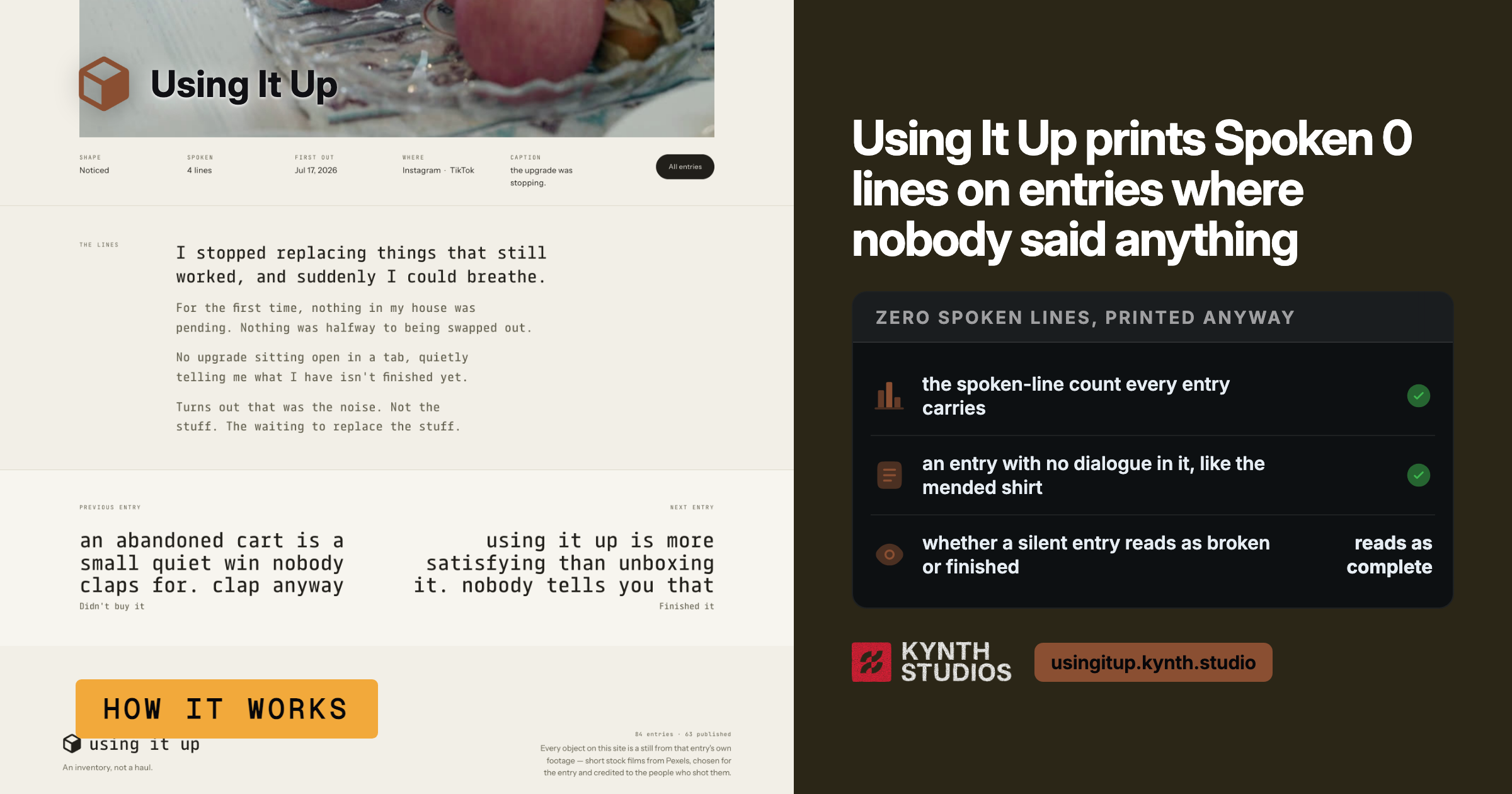Personal essay about replacing things, with pull quotes and branding, A philosophy valuing use over accumulation, with user testimonials supporting it.