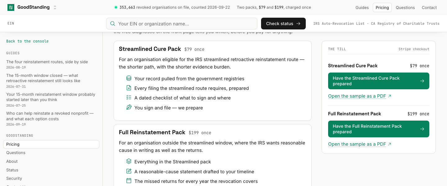 GoodStanding, Pricing: Your record pulled from the government registries Every filing the streamlined route requires, prepared A dated checklis