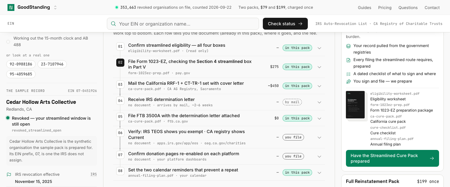 GoodStanding, The Cure Pack: WHERE pay.gov FEE $275 TARGET DATE this week, do not run the 15-month clock down DOCUMENT IN THIS PACK form-1023ez-prep