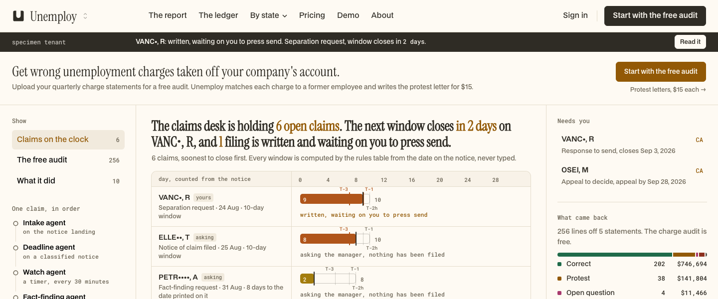 Unemploy, The main console: The claims desk is holding 6 open claims. The next window closes in 2 days on VANC•, R, and 1 filing is written and wait