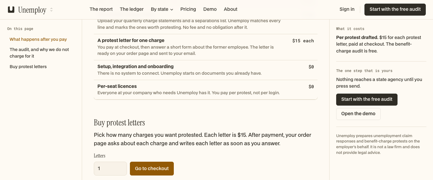 Unemploy, The pricing page: Per-seat licences Everyone at your company who needs Unemploy has it. You pay per protest, not per login. $0
